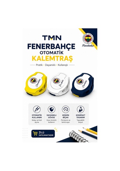 Fenerbahçe Kalemtıraş Lisanslı Orijinal 3 Adet Fb Kanarya Fenerbahçe Kalemtraş 3 Renk Otomatik Kapak