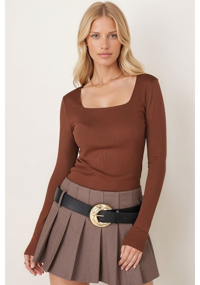 Armonika Kadın Kahve Kare Yaka Likralı Triko Bluz Arm-26k069002