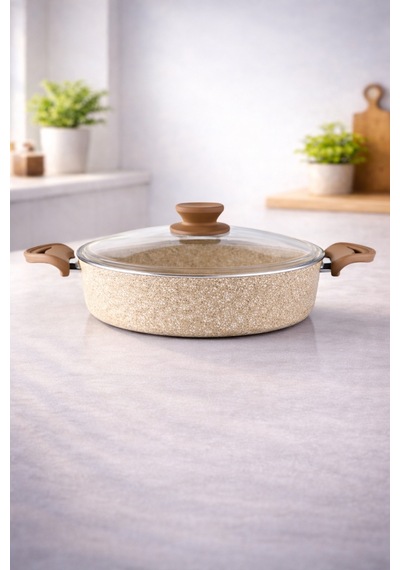 Diez 30 Cm Granit Basık Tencere Cappucıno Yapışmaz Karnıyarık & Pilav Tenceresi Cam Kapaklı