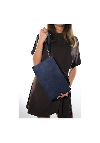 Morden Lacivert Süet Hakiki Deri Kadın Clutch Çanta