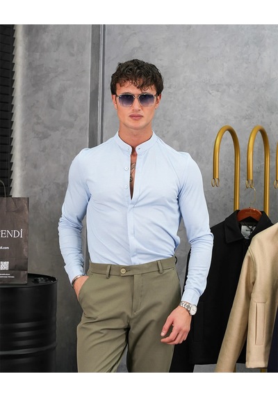 Modefendi %100 Pamuklu Slimfit Gizli Kanun Yaka Gömlek Mavi