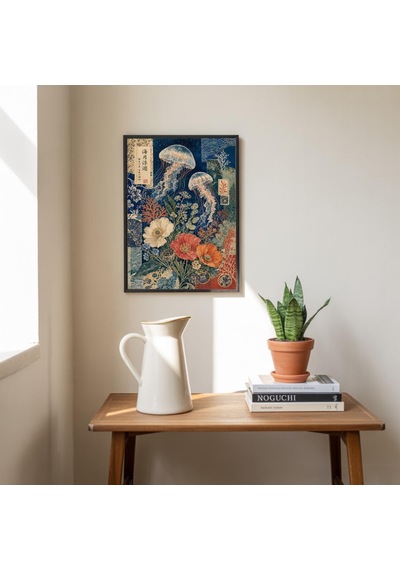 Boho Denizanası Posteri Botanik Kolaj Baskı Sahil Evi Dekorasyonu Okyanus Duvar Sanatı