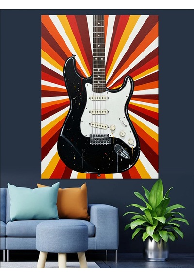 Ahşap Tablo Retro Fonlu Elektro Gitar