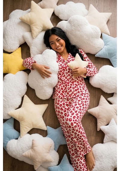 Fit Women Kadın Düğmeli Gömlek Yaka Ev Giyimi Kırmızı Pijama Takımı