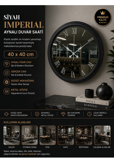 Siyah Imperial Aynalı 40 X 40 Cm Duvar Saati