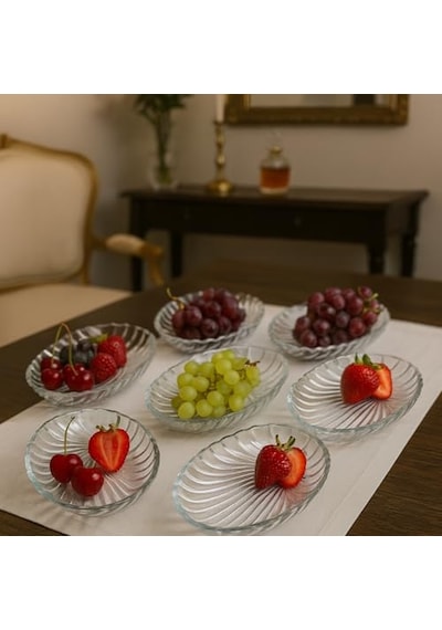 6'li Oval Desenli Cam Kase Sunum Seti Şık Ve Dayanıklı Çerezlik, Tatlı Kasesi, Meze Ve İkramlık Sunum Tabakl Diğer