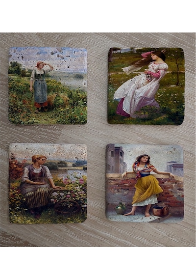 Çingene Kızı Ve Kadınlar Doğal Taş Bardak Altlığı 4'lü Set - Natural Stone Coasters - Taş Çok Renkli