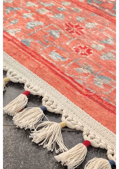 Frenda Home Vintage Desen Pamuk Taban Baskılı Yıkanabilir Oval Halı Kırmızı