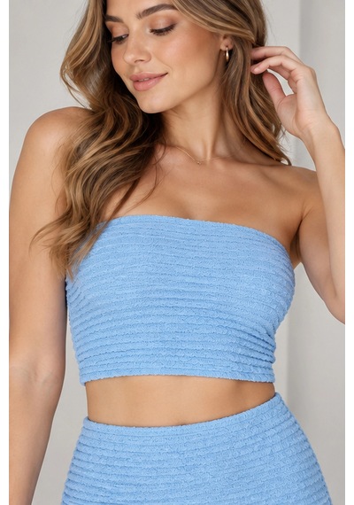 Mevese Kadın Bürümcük Kumaş Straplez Crop Ve Midi Kalem Etek İkili Set - Mavi