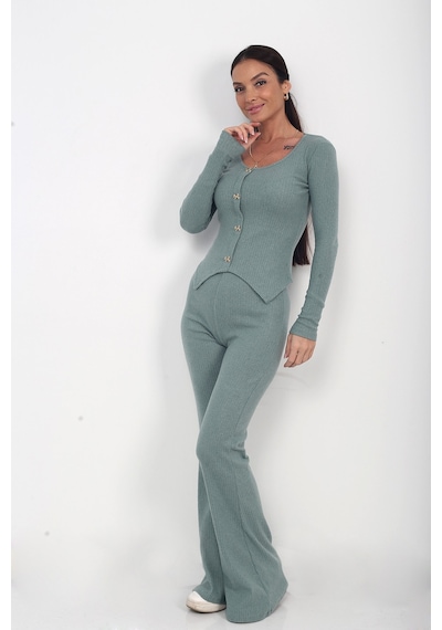 By Saygı Kadın Gold Düğmeli Uzun Kollu Bluz Beli Lastikli İspanyol Paça Pantolon 2'li Takım Mint By Saygı Kadın Gold Düğmeli Uzun Kollu Bluz Beli Lastikli İspanyol Paça Pantolon 2'li Takım Mint