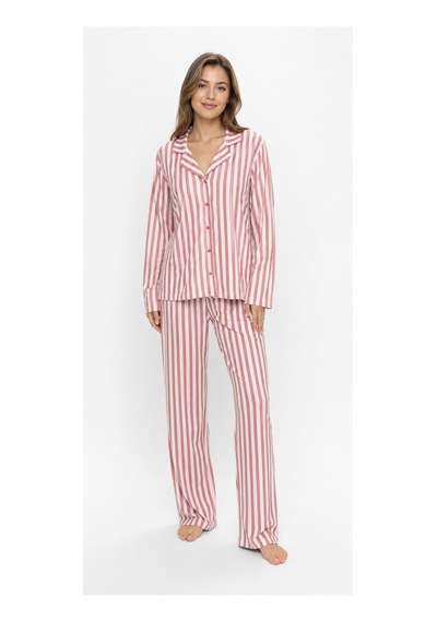Sleeproom Kadın Süet Mevsimlik Uzun Kol Pudra Pembe Çizgi Desen Pijama Takımı