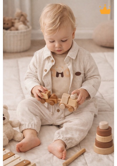Babyhola Bayramlık Erkek Bebek Üçlü Takım Panda Baskılı Müslin Kumaş Mevsimlik Set 2201 Bej