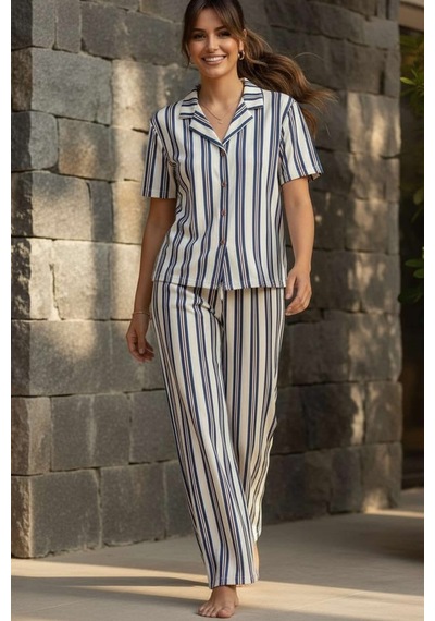 Relax Mode Kadın Mavi Çizgili Gömlek Pijama Takım - 26036r Beyaz