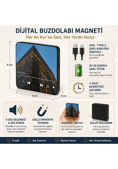 3 Lü Sesli Magnet Seti Nuh Suresi + Mülk Suresi + Hicr Suresi Usb-c Şarjlı Manevi Sesli Magnet