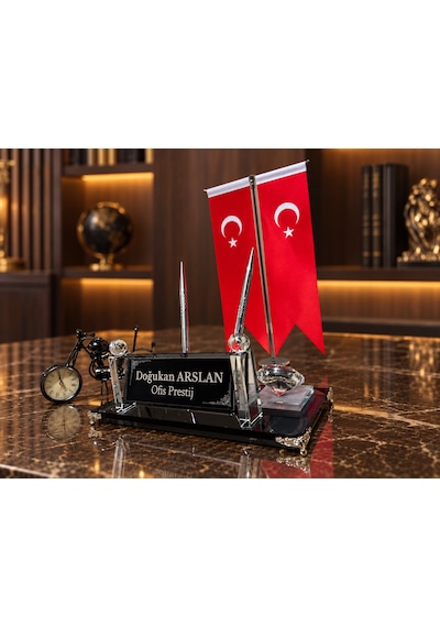 Velora 3 Parça Kristal Ofis Seti Kişiye Özel İsimlik Türk Bayraklı Motosiklet Saatli Siyah