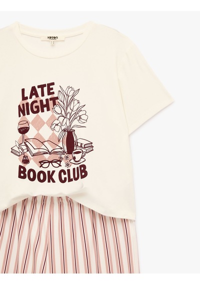Koton Rahat Kesim Bisiklet Yaka Kısa Kollu Çizgili Pijama Takımı Ekru Desenli 7wlk40295mk