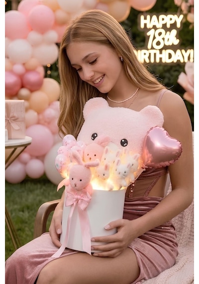 Deluxe Led Işıklı Peluş Ayı Yastıklı Silindir Kutuda Peluş Ayıcık Ve Tavşan Buketi Sevgiliye, Kıza Hediye