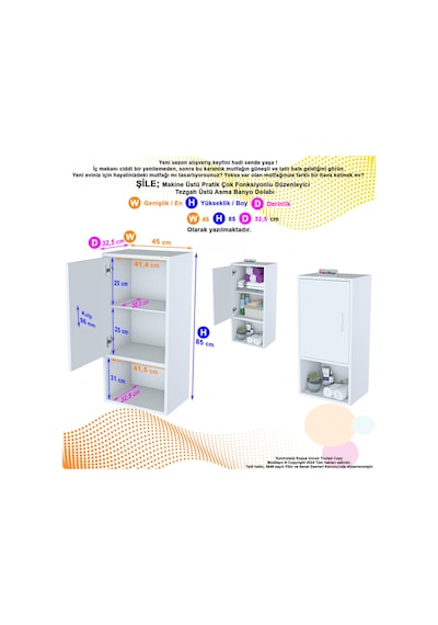 Şile 45 X 85 X 32,5 Cm Makine Üstü Asma Ve Çok Amaçlı Banyo Dolabı Beyaz