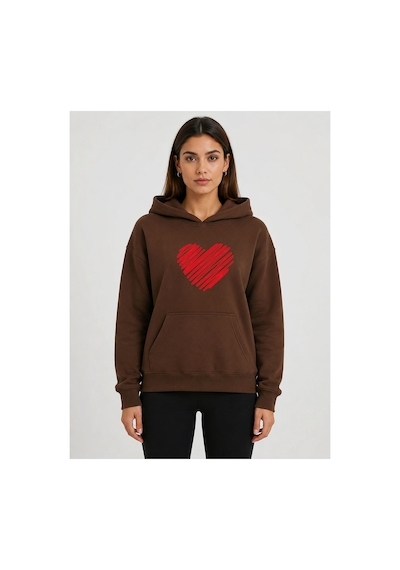 Herkesemoda Kırmızı Kalp Baskılı Kapüşonlu 2 İplik Şardonlu Sweatshirt Kahverengi
