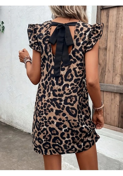 Buğrahayalin Kadın Kısa Kollu Kolları Fırfır Detay Arkası Bağlamalı Leopar Desen Kolsuz Mini Mikro Elbise Kahverengi