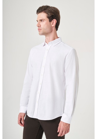 İmza Beyaz Biritli Yaka Uzun Kol Cepsiz Slim Fit Pamuklu Gömlek 1004260207