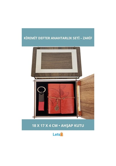 Özel Ahşap Kutulu Kiremit Rengi Deri Not Defteri Ve Anahtarlık Çok Renkli