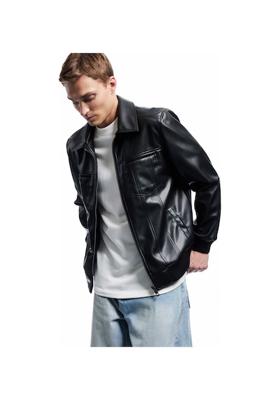 Koton Slim Fit Gömlek Yaka Fermuarlı Cep Detaylı Suni Deri Ceket Siyah 6wam20098hw Siyah