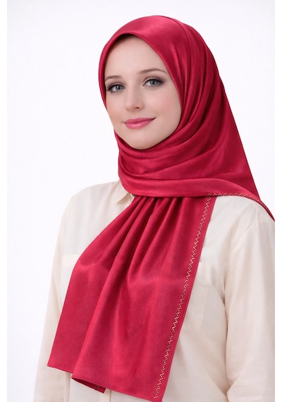 Mim Eşarp Mısırlı Eşarpları Taşlı Jan Jan Abiye Şal 75x190 Cm Kırmızı