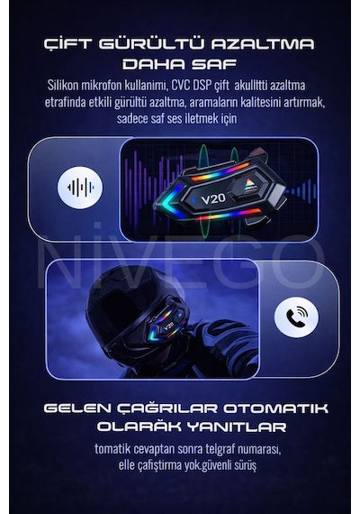Nivego Motosiklet İntercom Kask Kulaklık Bt5.3 Stereo Rgb Işıklı Bluetooth Su Geçirmez Kulaklık