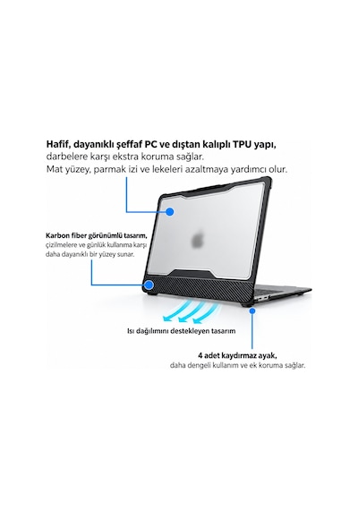 MacBook Air 13.3" A2337 M1 A2179 A1932 Uyumlu Hard Case Sert Kapak, Şeffaf Rugged Bumper Koruyucu Kılıf, Karbon Desenli Darbe ve Çizilme Koruması Siyah