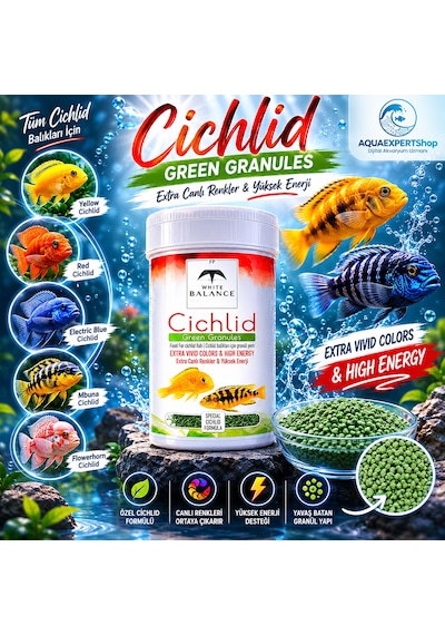 White Balance Cichlid Green Granules - Cichlid Balıkları İçin Özel Formül - Besleyici Ve Renk Canlandırıcı İçerik - 100 Ml