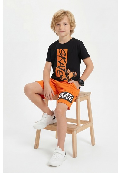 Panios Kids Yuvarlak Yaka Skate Baskı Detaylı Yazlık Erkek Çocuk Alt Üst Takım Turuncu