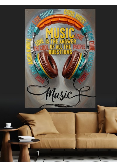 Ahşap Tablo Müzik Kulaklık Ses Dalgaları