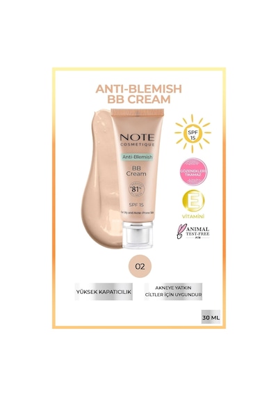 Note Cosmetique Anti-Blemish BB Cream SPF 15 Akneye Yatkın Ciltler BB Krem - 02 Light Beige