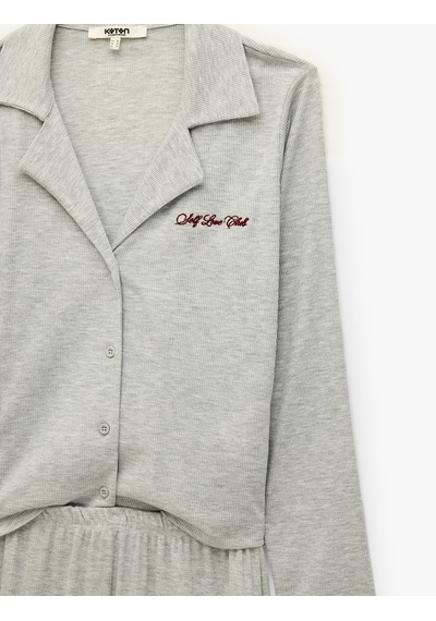 Koton Rahat Kalıp Uzun Kollu Düğmeli Gömlek Yaka Kaşkorse Pijama Takımı Gri Melanj 7wlk40203mk