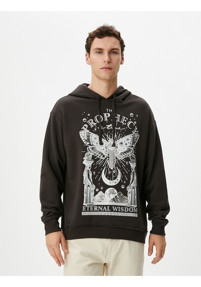 Koton Oversize Kapşonlu Sweatshirt Mistik Baskılı Sloganlı Antrasit 4wam70365mk Antrasit