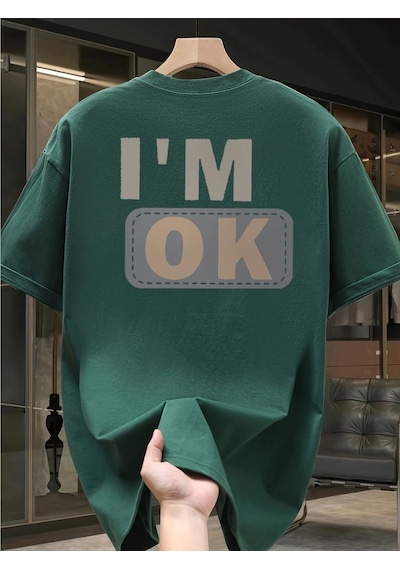 Unisex "ı'm Ok" Baskılı Oversize Pamuklu Tişört - Özel Tasarım Patch Detaylı Yesıl