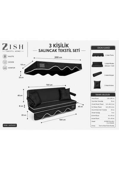 Altaleno 3 Kişilik 164 48 Cm Süngerli Bahçe Balkon Salıncak Minderi Yıkanabilir Kılıflı, Tenteli Keten Kumaş Tekstil Seti 24 Dns 8 Cm Orta Sert Sünger Antrasit