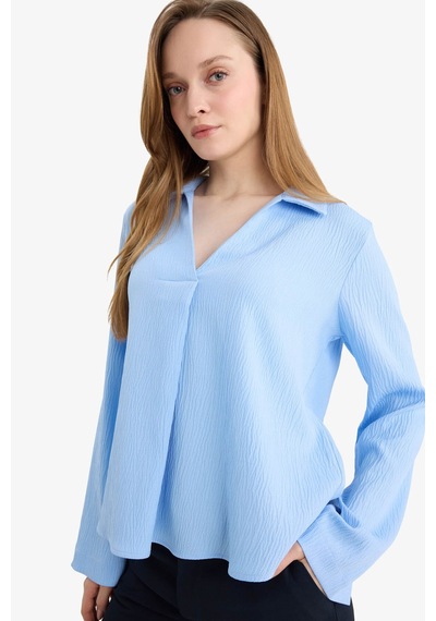 Defacto Relax Fit Gömlek Yaka Gofre Dokulu Uzun Kollu Bluz G9141ax26spbe316 Mavi-be316