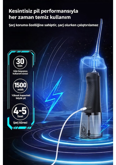 Exenar - Siyah - Şarjlı Ağız Duşu Diş Bakım Cihazı 4 Modlu Diş Arası Temizleyici 320ml 5 Başlıklı 1500 Mah Kablosuz
