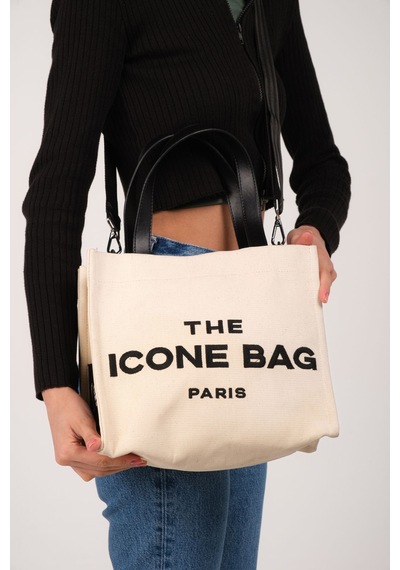 Bej The Icone Bag Paris İşlemeli Tote Kadın Kol Çantası Ve Omuz Çantası Orta Boy Bej