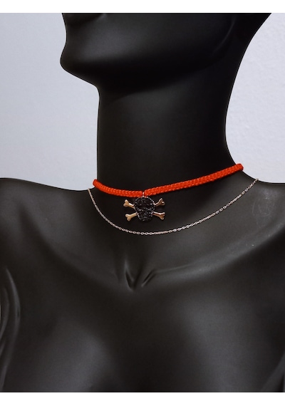Gümüş Gold Kuru Kafa Kırmızı İp Tasarım Kadın Choker Kolye