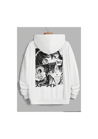 Tarzsokak Unisex Kadın/erkek Beyaz Anime Out Baskılı Oversize Kapüşonlu Sweatshirt