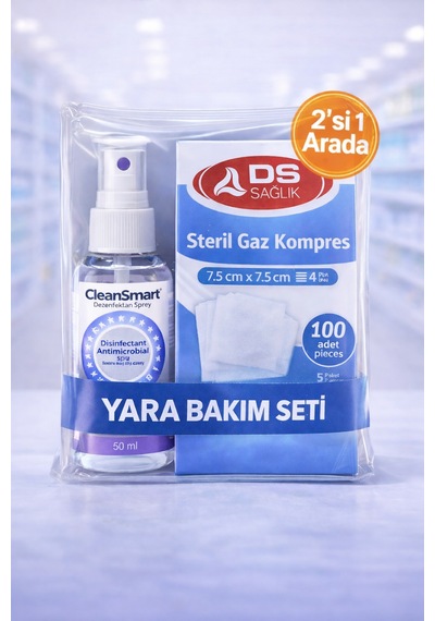 Steril Gazspanç 7,5 7,5 Cm 100 Adet + Cleansmart 50 Ml Dezenfektan Sprey Yara Bakım Seti