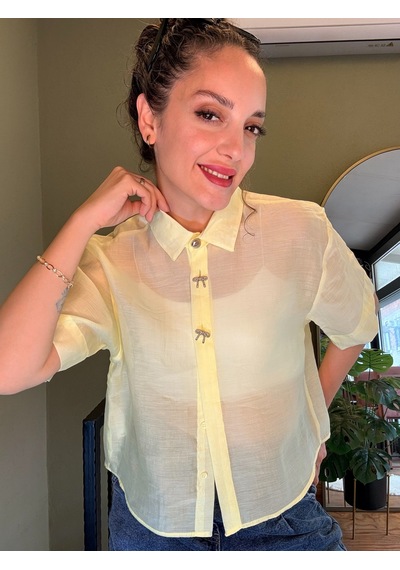 Ali Butik Sarı Şifon Crop Gömlek