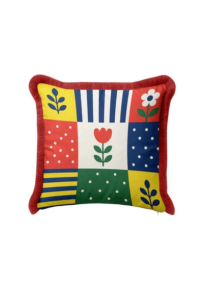 Modern Çiçekli Patchwork Renkli Saçaklı Yastık Kılıfı - Geometrik Mavi Bordo Püsküllü Kırlent Kılıfı Serin Esinti Nektar