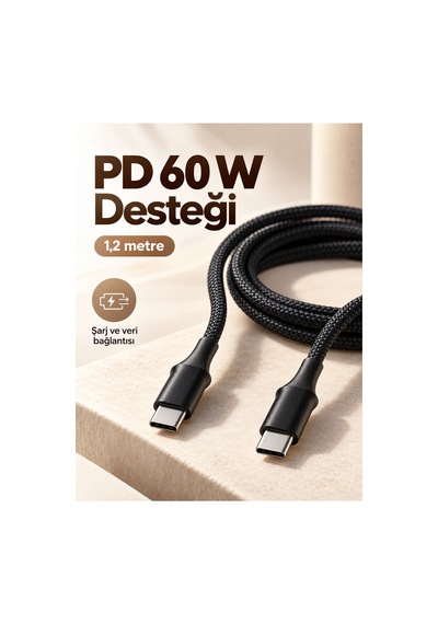 60w Pd Hızlı Şarj Destekli Led Göstergeli Type C Kablo Siyah