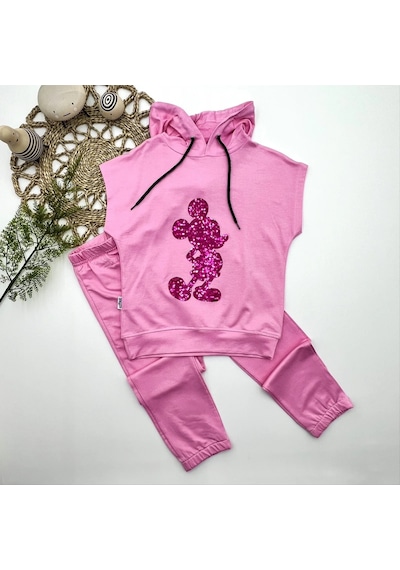 Pekminibebe 3-4-5 Yaş Kapşonlu Payetli Mickey Desenli Kısa Kol 2li Kız Erkek Çocuk Takımı Pembe