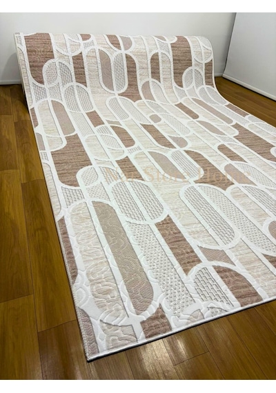 Kaymaz Taban Krem Bej Modern Geometrik Yıkanabilir Koridor Salon Mutfak Yolluk Halı Krem