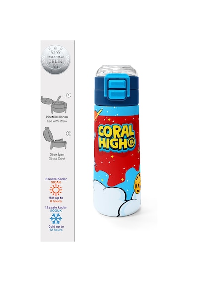 Coral High Kids Kırmızı Mavi Astronot Uzay Desenli Pipetli Ve Direkt İçim Çelik Termos 500 Ml 38127 Kırmızı